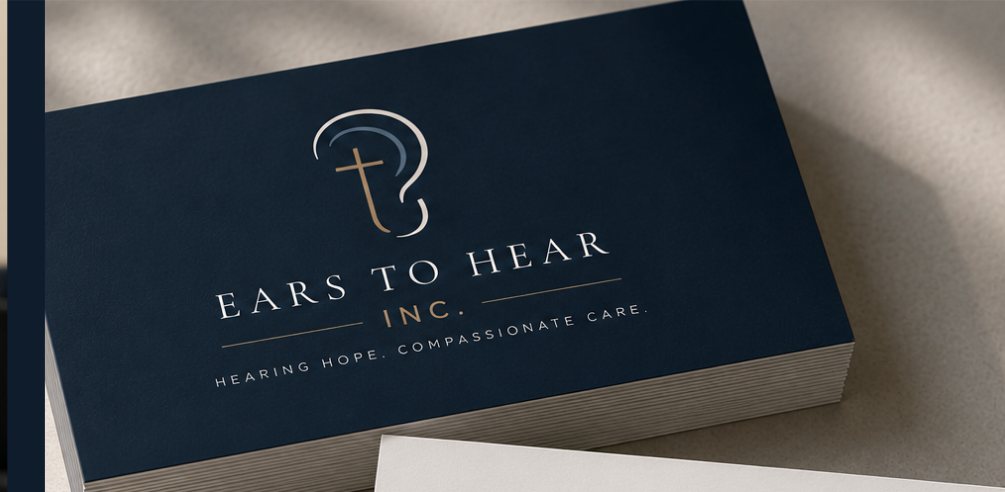 A stack of navy Ears to Hear cards.