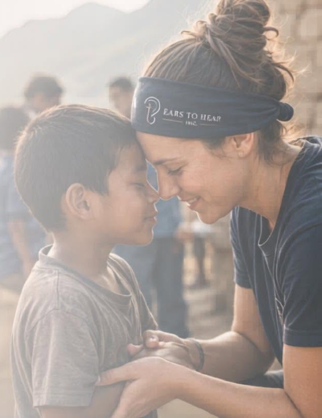 A volunteer wearing an Ears to Hear headband touches foreheads with a smiling boy.